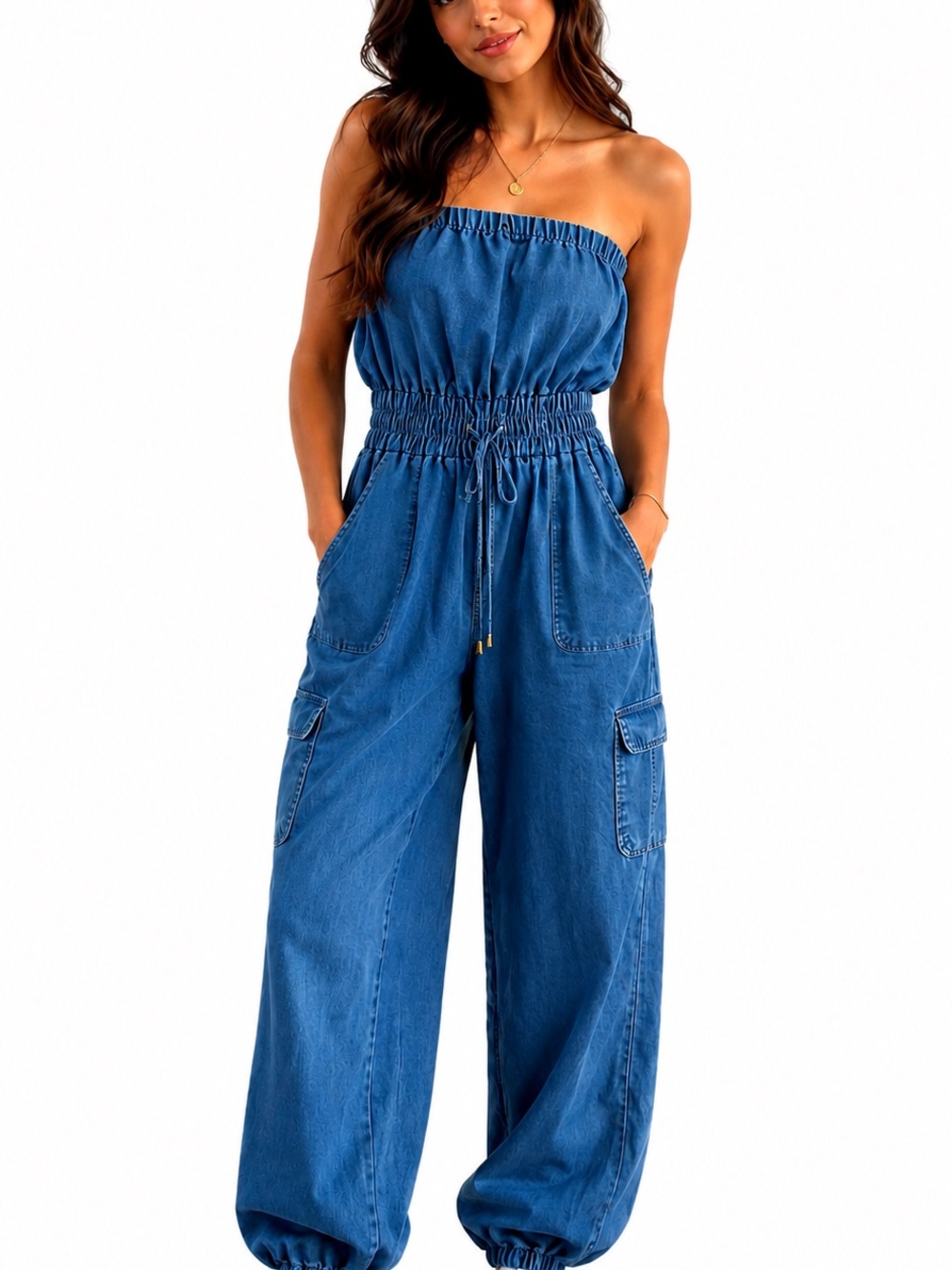 A Hint of Blush Strapless Denim Cargo Style Jumpsuit Sz L